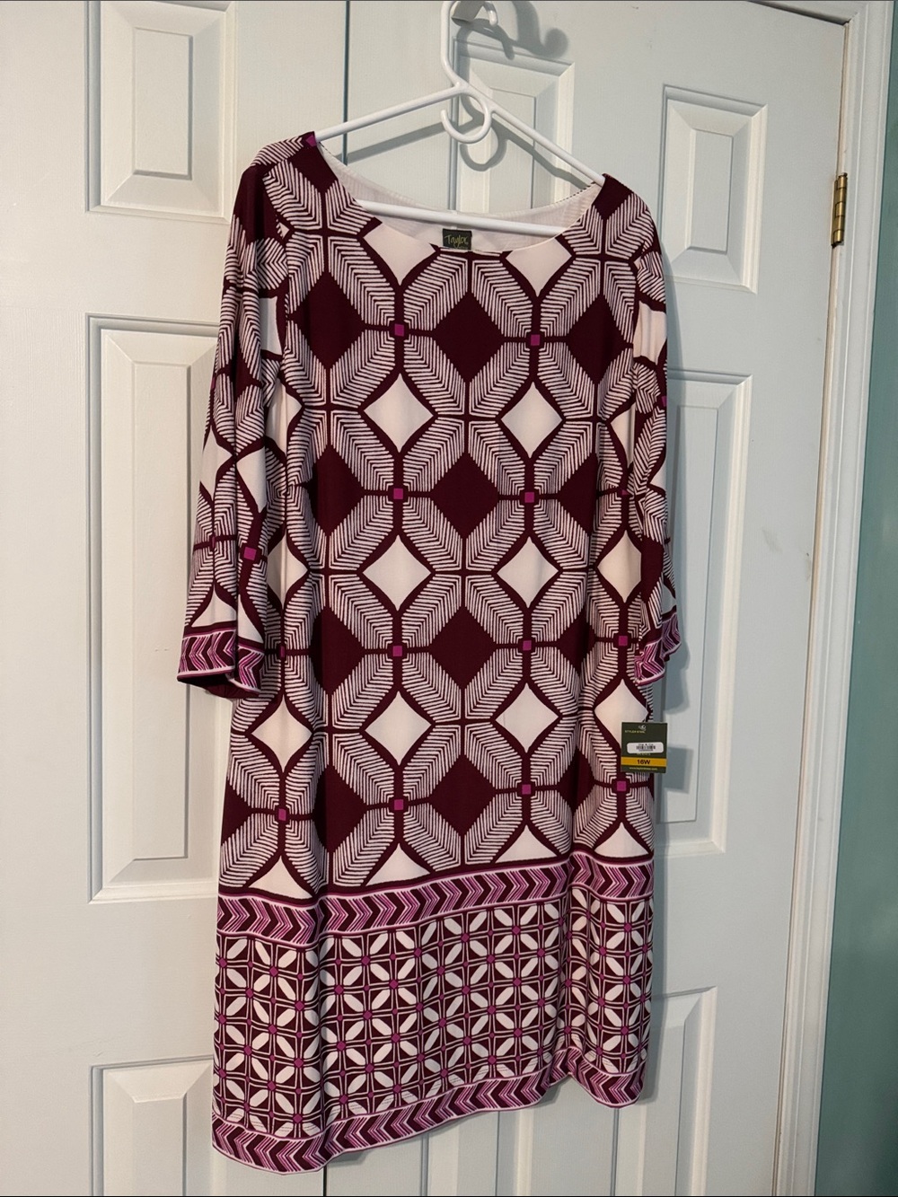 Geometric Midi Dress in Burgundy and Light Pink.